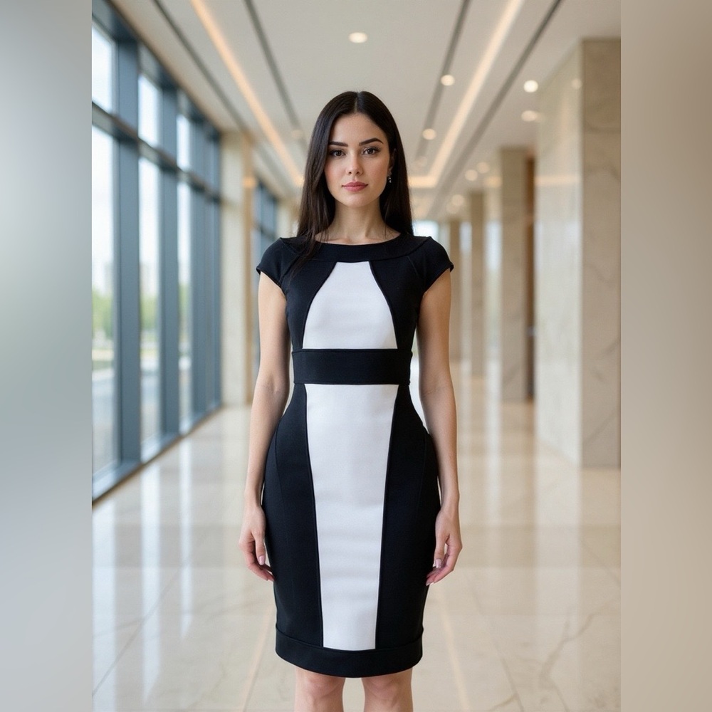 Maggy London Black and White Midi Dress